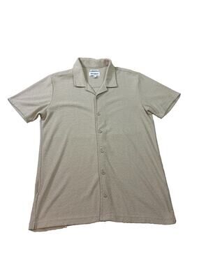Threadbare Shirt Men’s L Beige Crochet Knit Camp Collar Button Up Resort